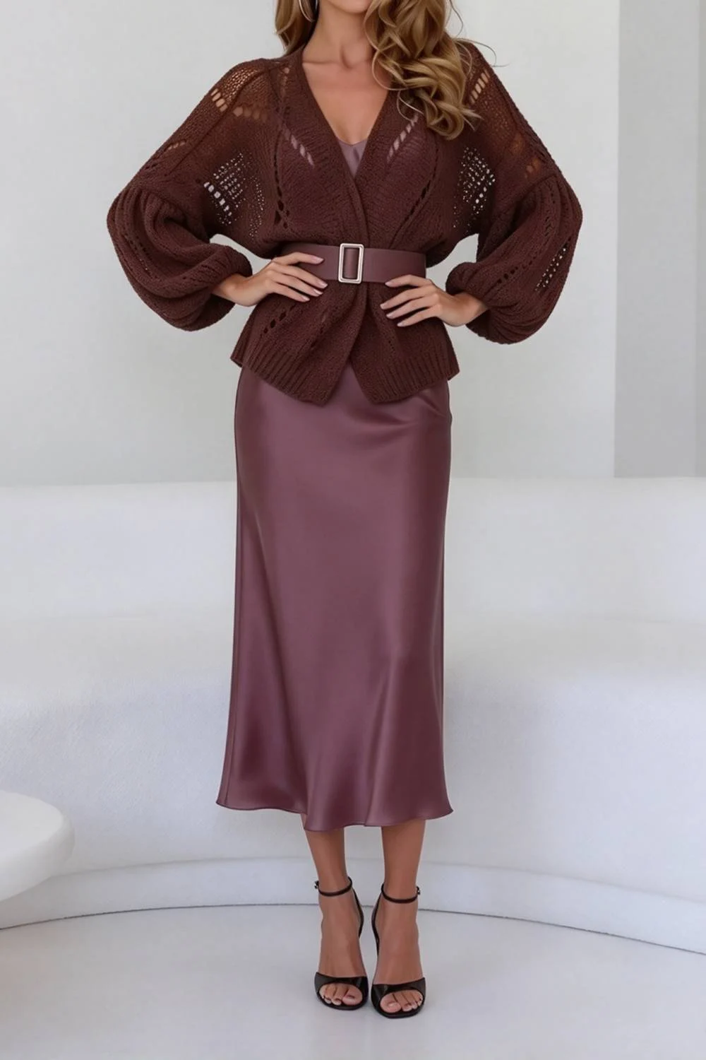 Women Brown Open Knit Balloon Sleeve Cardigan and Satin Midi Skirt Two Piece Set