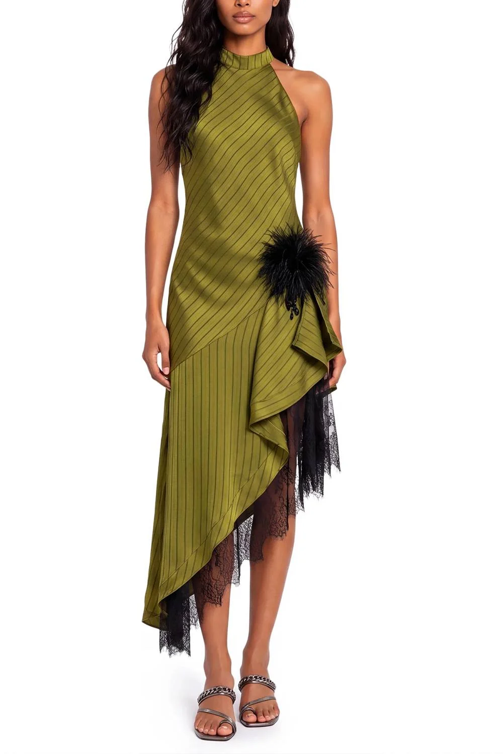 Olive Green Striped Satin Halter Maxi Dress with Feather and Lace Trim
