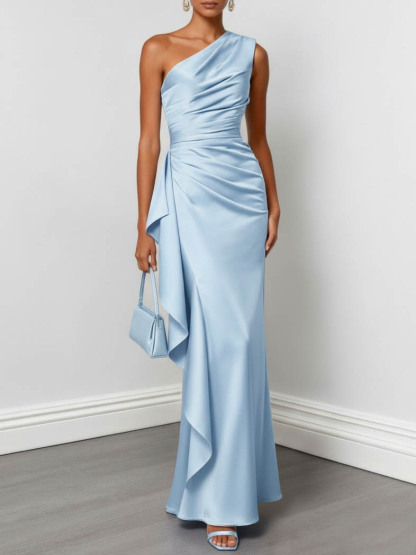 Elegant One-Shoulder Ruched Satin Maxi Dress