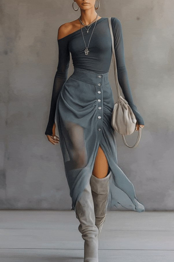 Off-Shoulder Pleated Maxi Dress