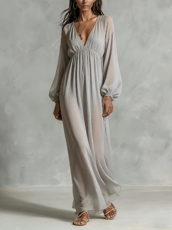 V-neck Long-sleeved Chiffon Maxi Dress