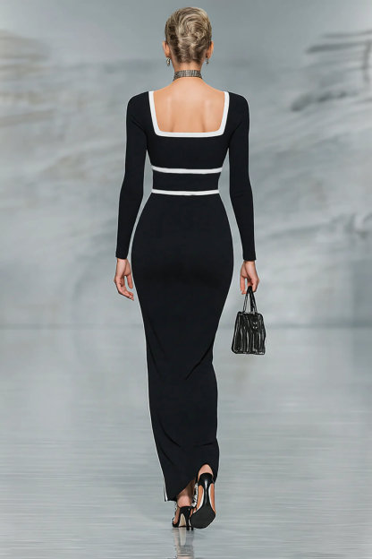 Elegant Black And White Trim Square Neck Long Sleeve Tight Maxi Dress