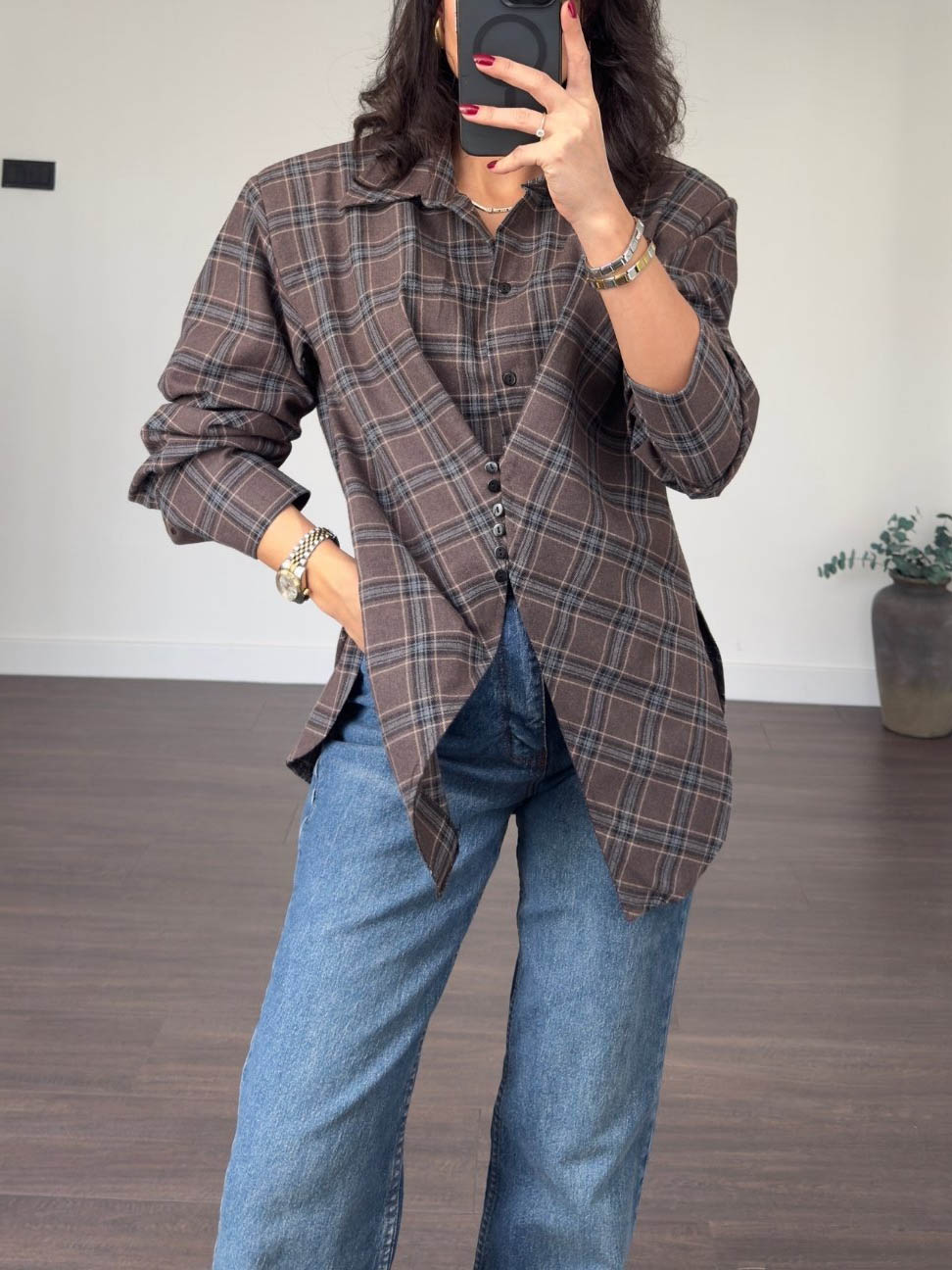 Casual Plaid Asymmetrical Padded Shoulder Shirt