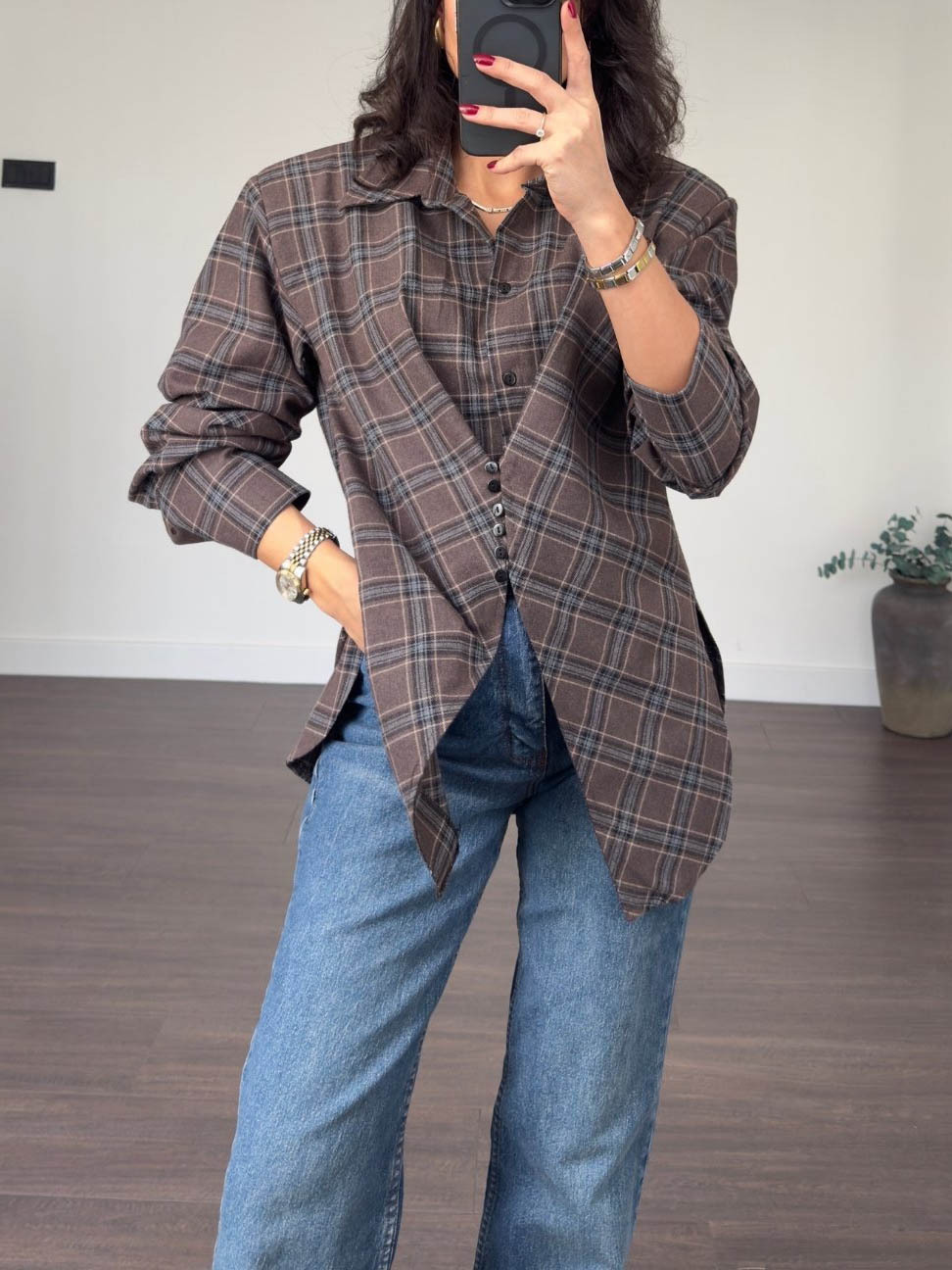 Casual Plaid Asymmetrical Padded Shoulder Shirt