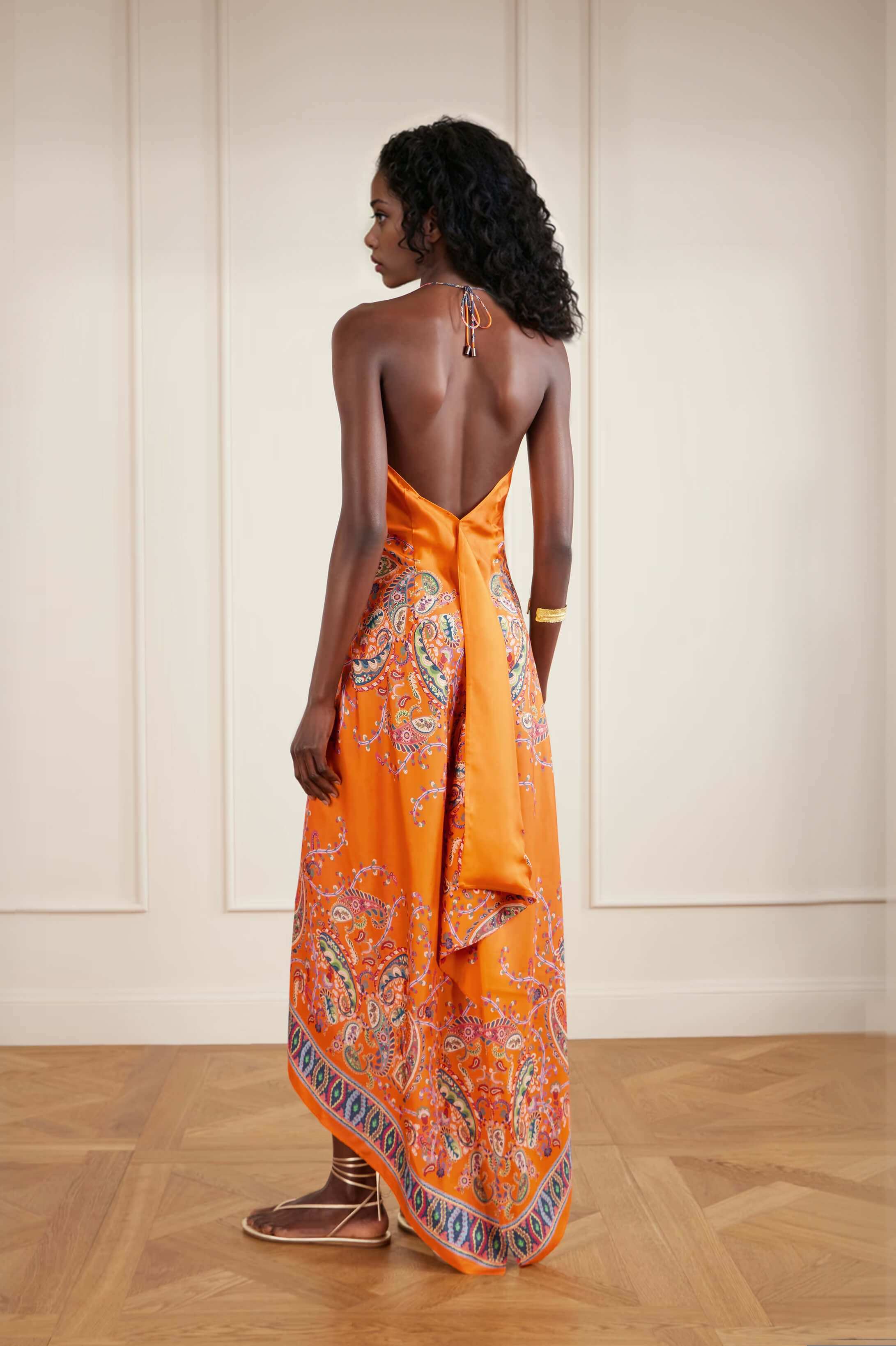 Retro Paisley Print Satin Twill Backless Spaghetti Strap Maxi Dress