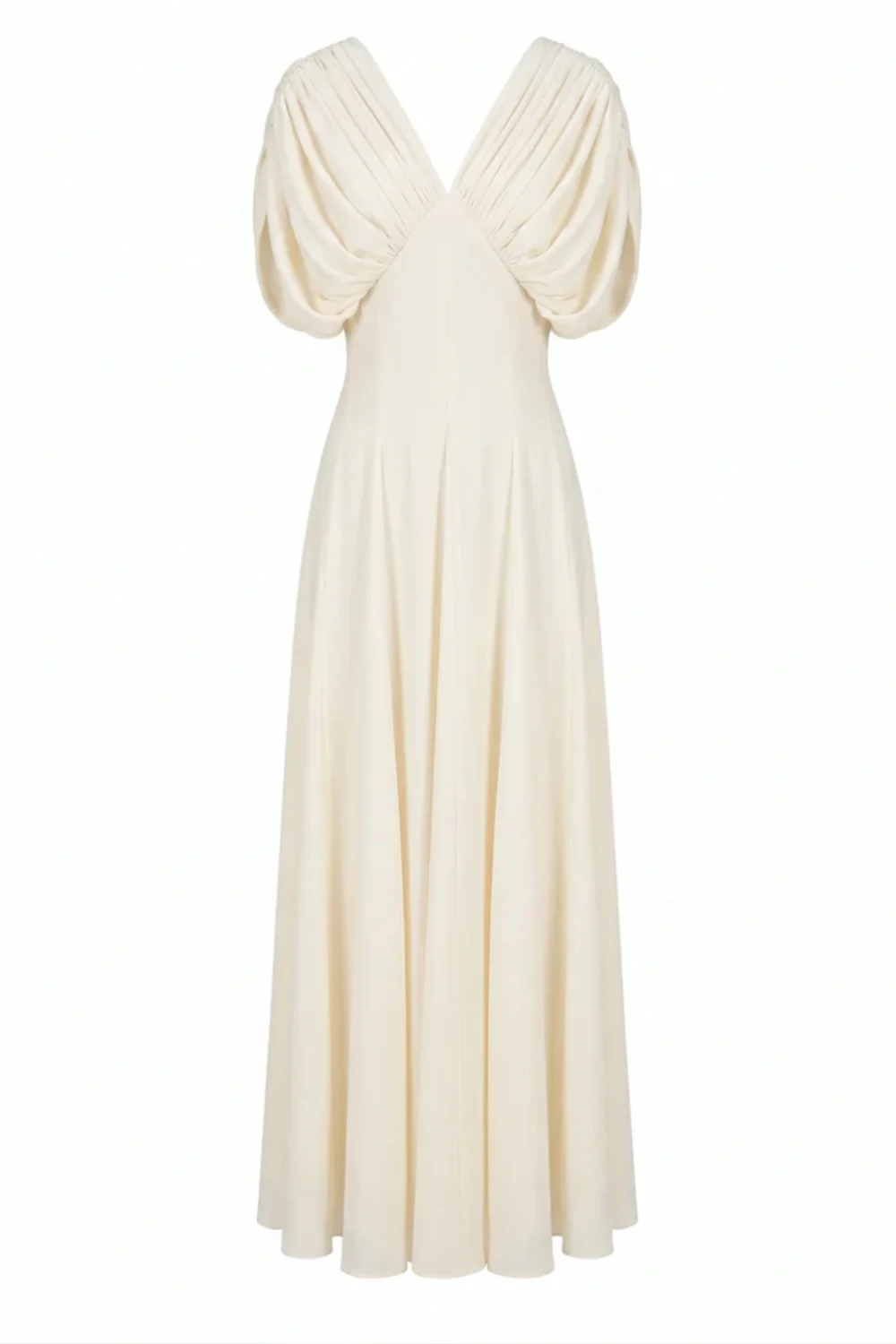 Elegant Pleated Bodice V-Neck Flowy A-Line Maxi Dress Evening Gown