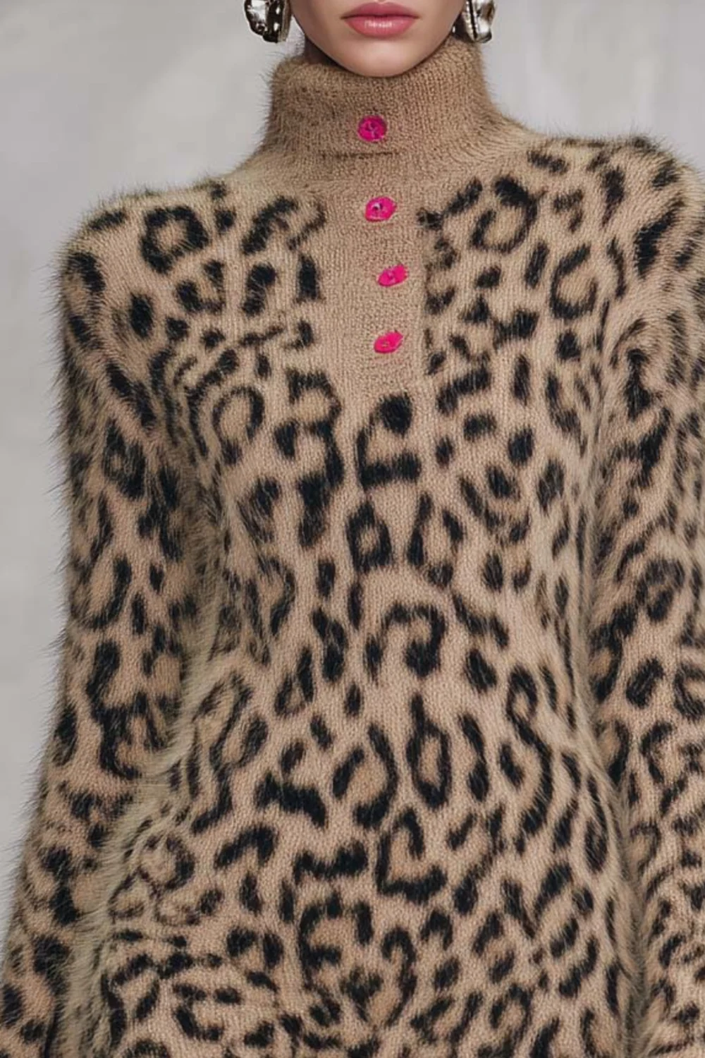 Leopard Print Fuzzy Knit Turtleneck Long Sleeve Mini Sweater Dress