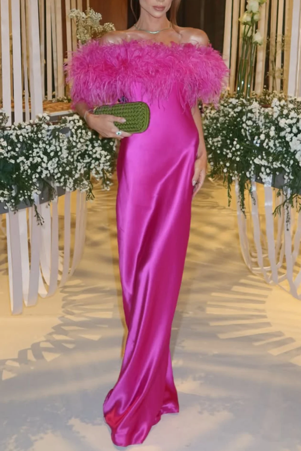 Hot Pink Feather Trim Off-the-Shoulder Satin Column Maxi Dress [erp-image:d793d986efcb97ffb785a151]