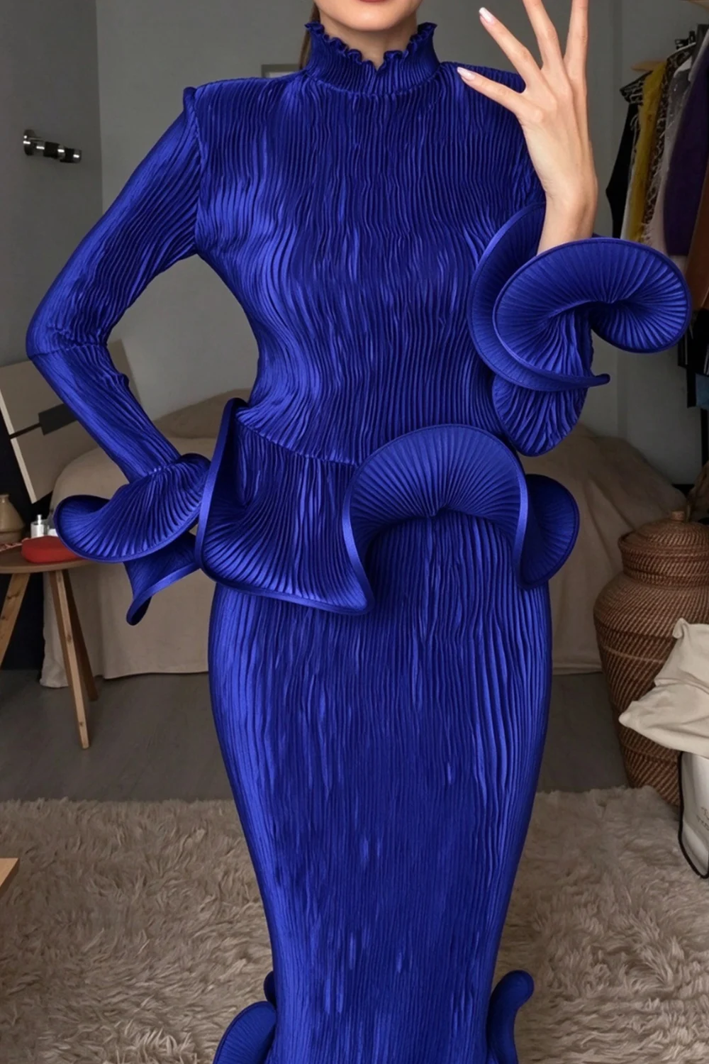 Royal Blue Pleated Peplum Top and Ruffled Midi Skirt Two-Piece Set [erp-image:48e549b033e5595070d09d01]