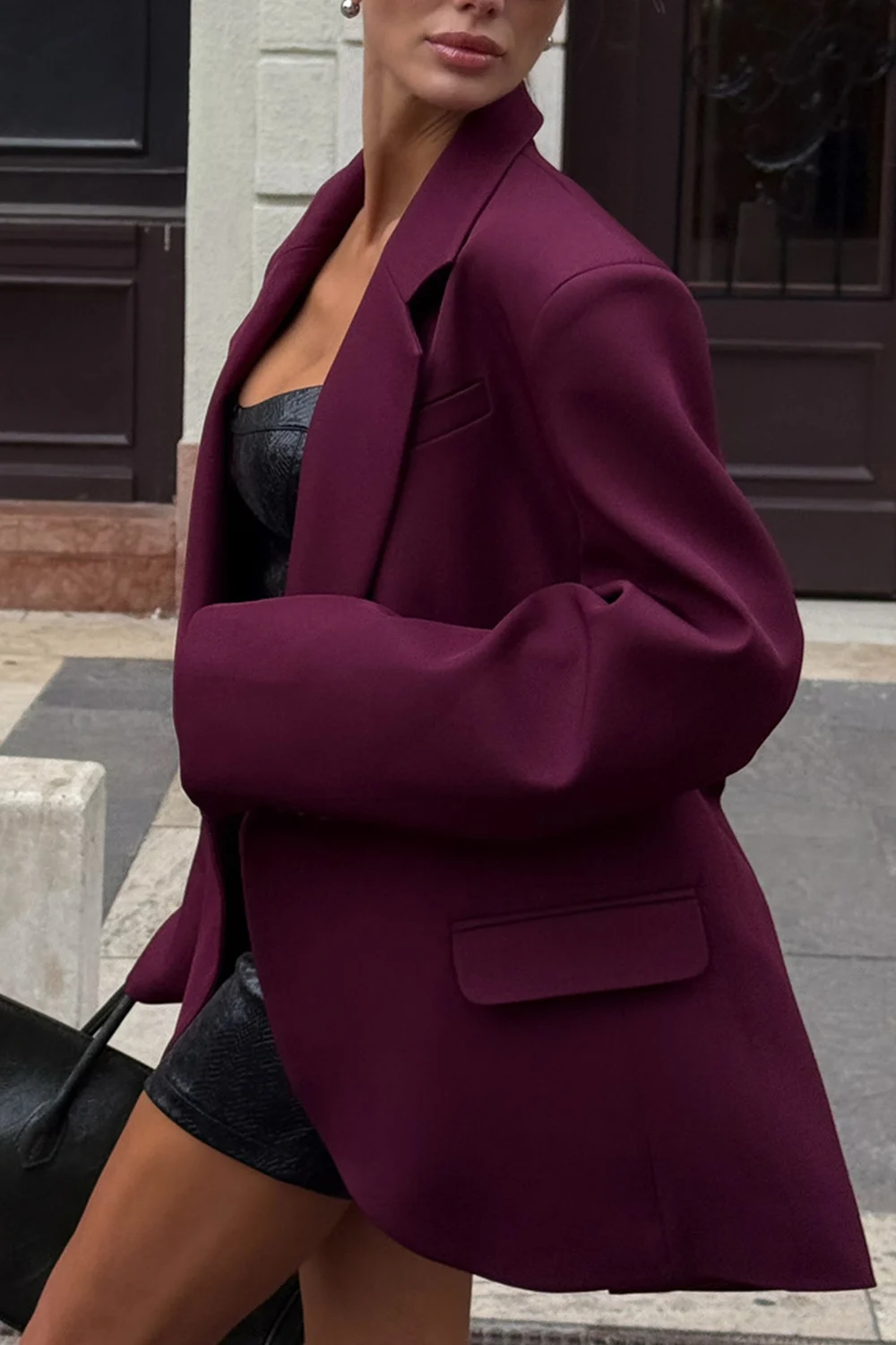 Women's Burgundy Oversized Single-Breasted Blazer with Notched Lapel