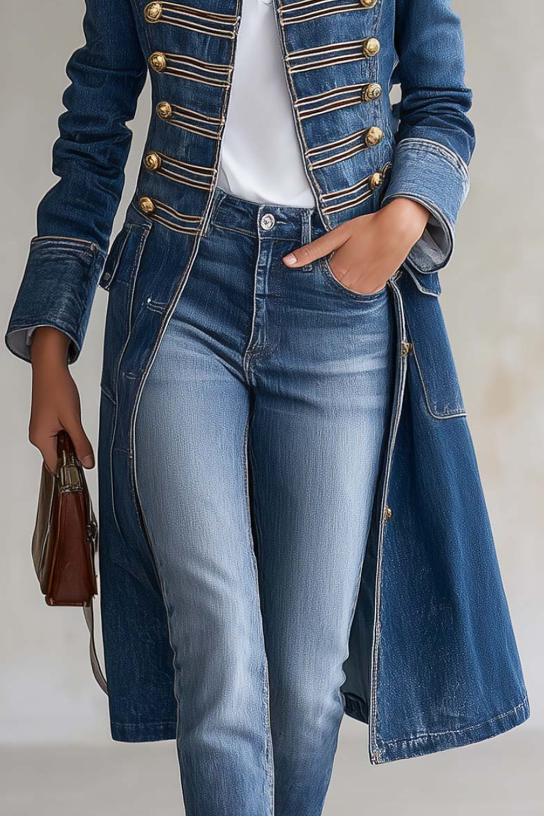 Vintage Washed Denim Military Officer Longline Gold Button Fitted Statement Coat Women