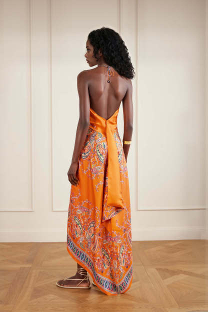 Retro Paisley Print Satin Twill Backless Spaghetti Strap Maxi Dress