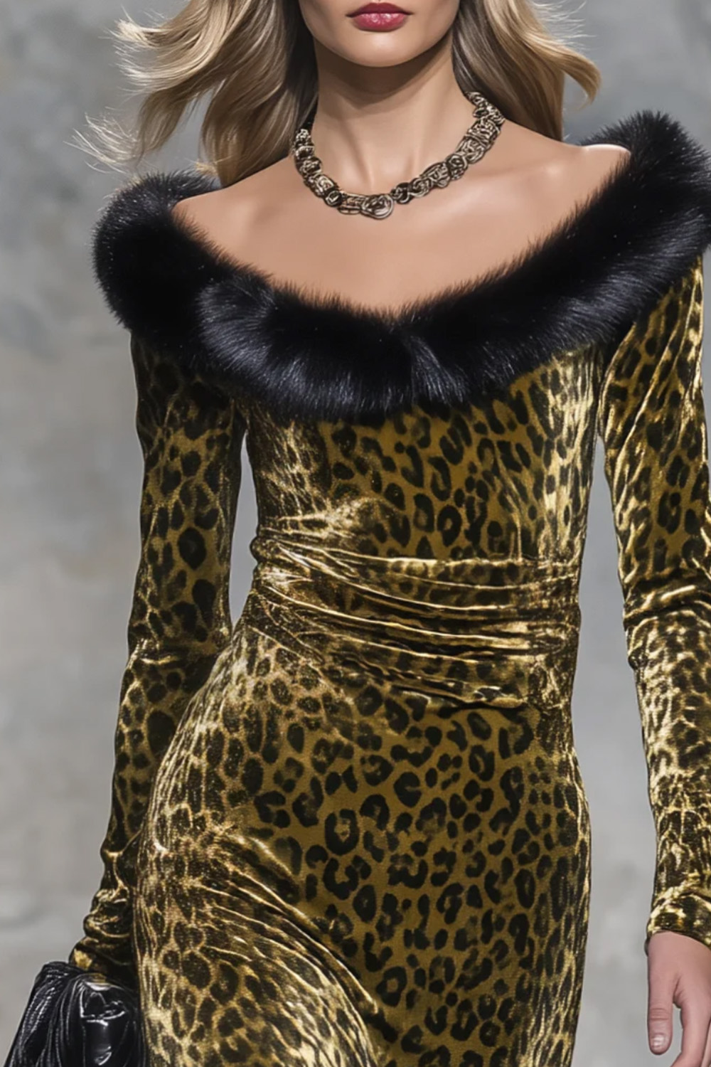 Vintage style Casual Elegant Long Velvet Leopard-print Skirt With Raw-edge Paneling