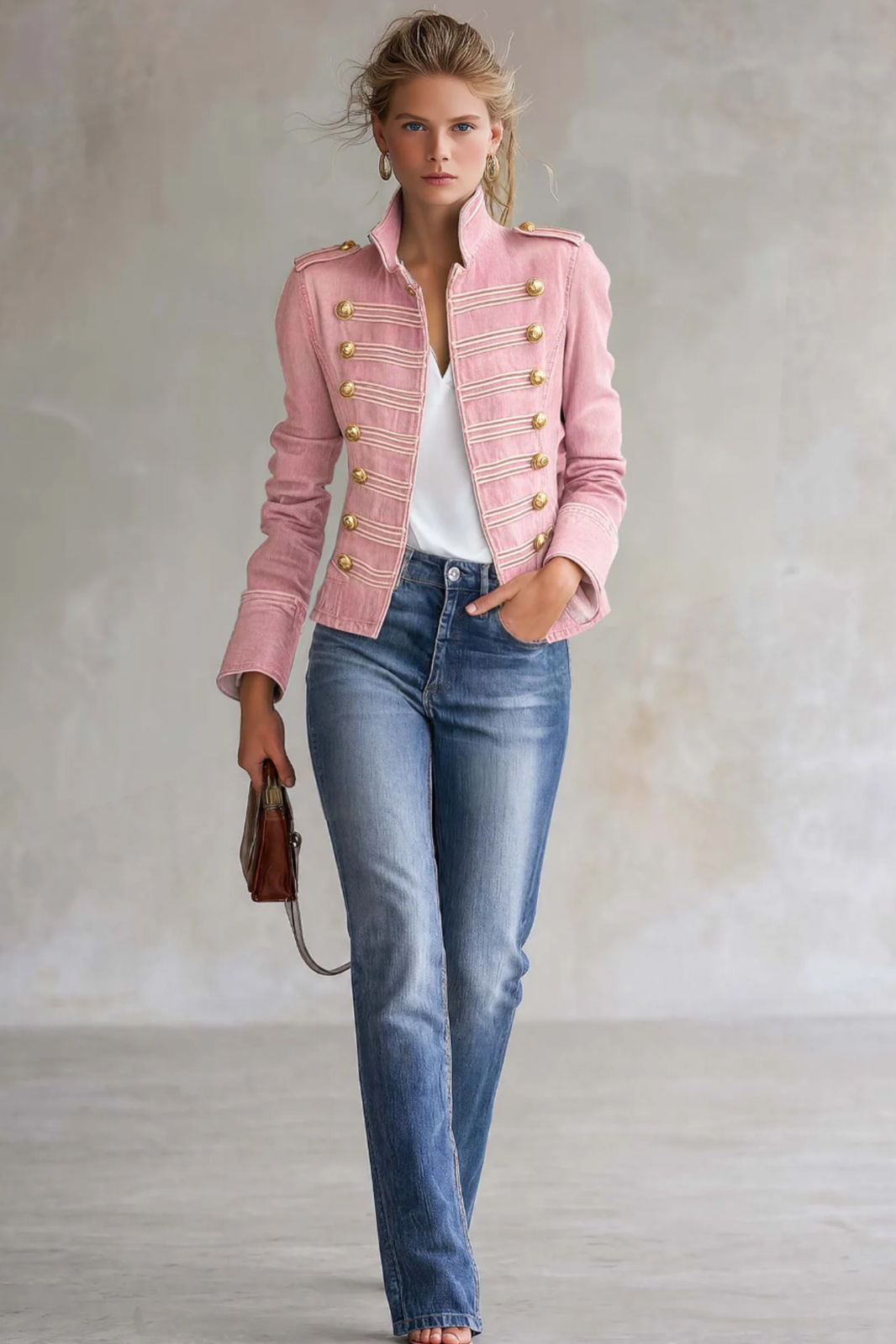 Vintage MilitaryDenim Band Jacket Women Gold Button Cropped Fall Coat