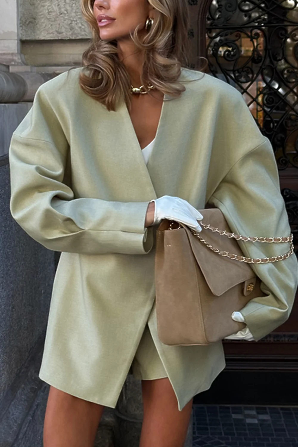 Sage Green Collarless Wrap Blazer and Tailored Shorts Two Piece Set