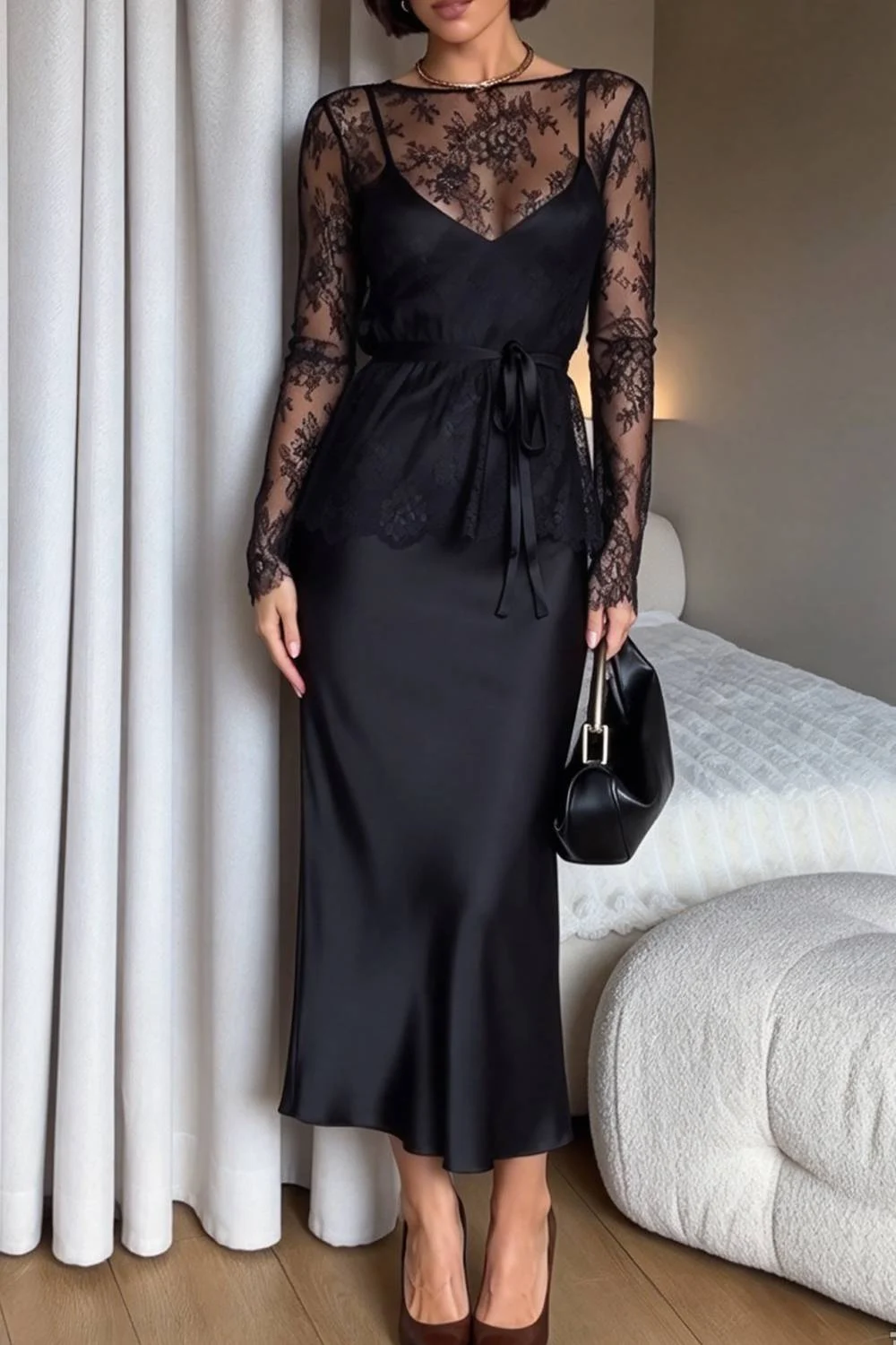 Women's Black Sheer Lace Long Sleeve Top and Satin Midi Skirt Two Piece Set