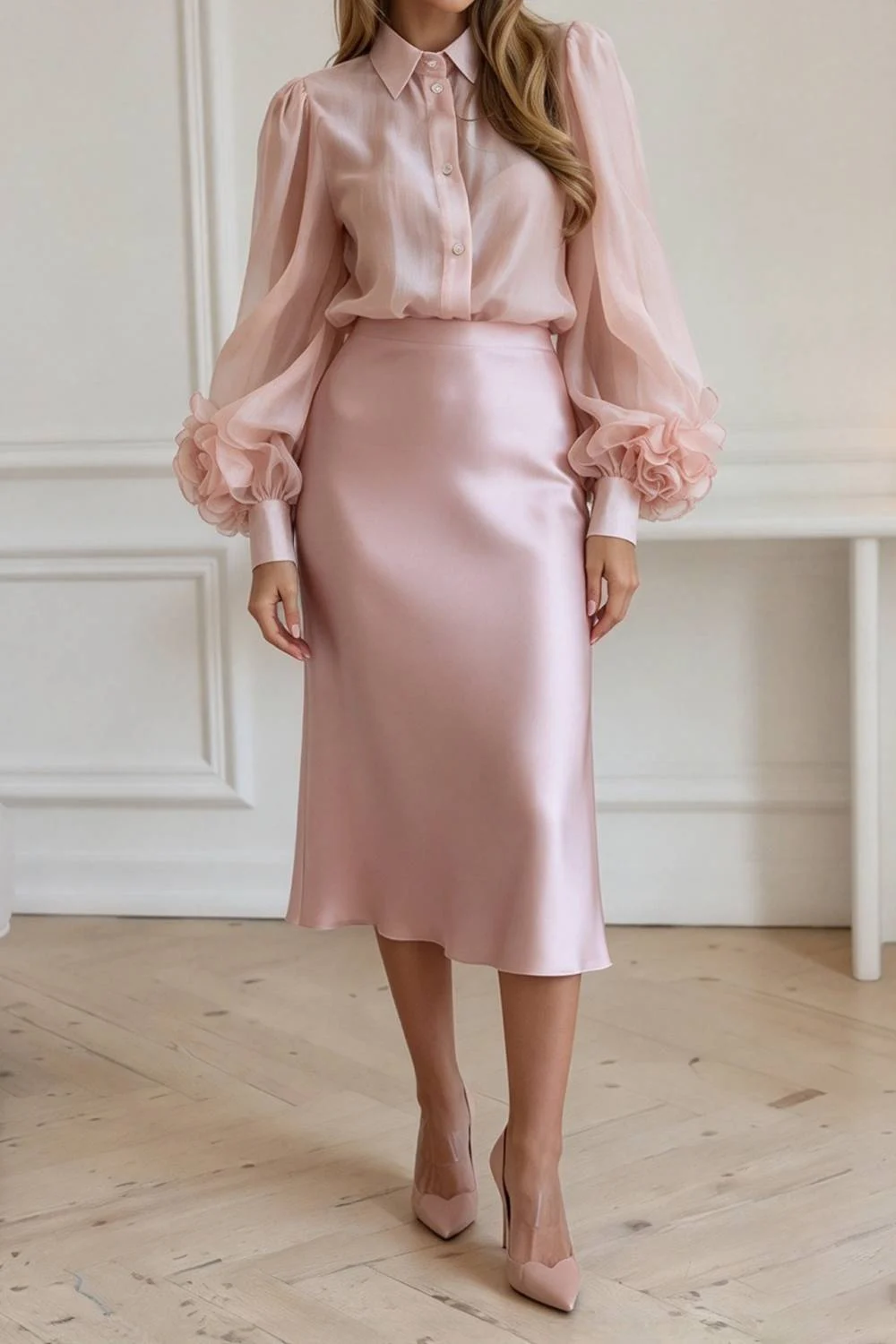 Blush Pink Sheer Ruffle Sleeve Blouse and Satin Midi Skirt Two Piece Set