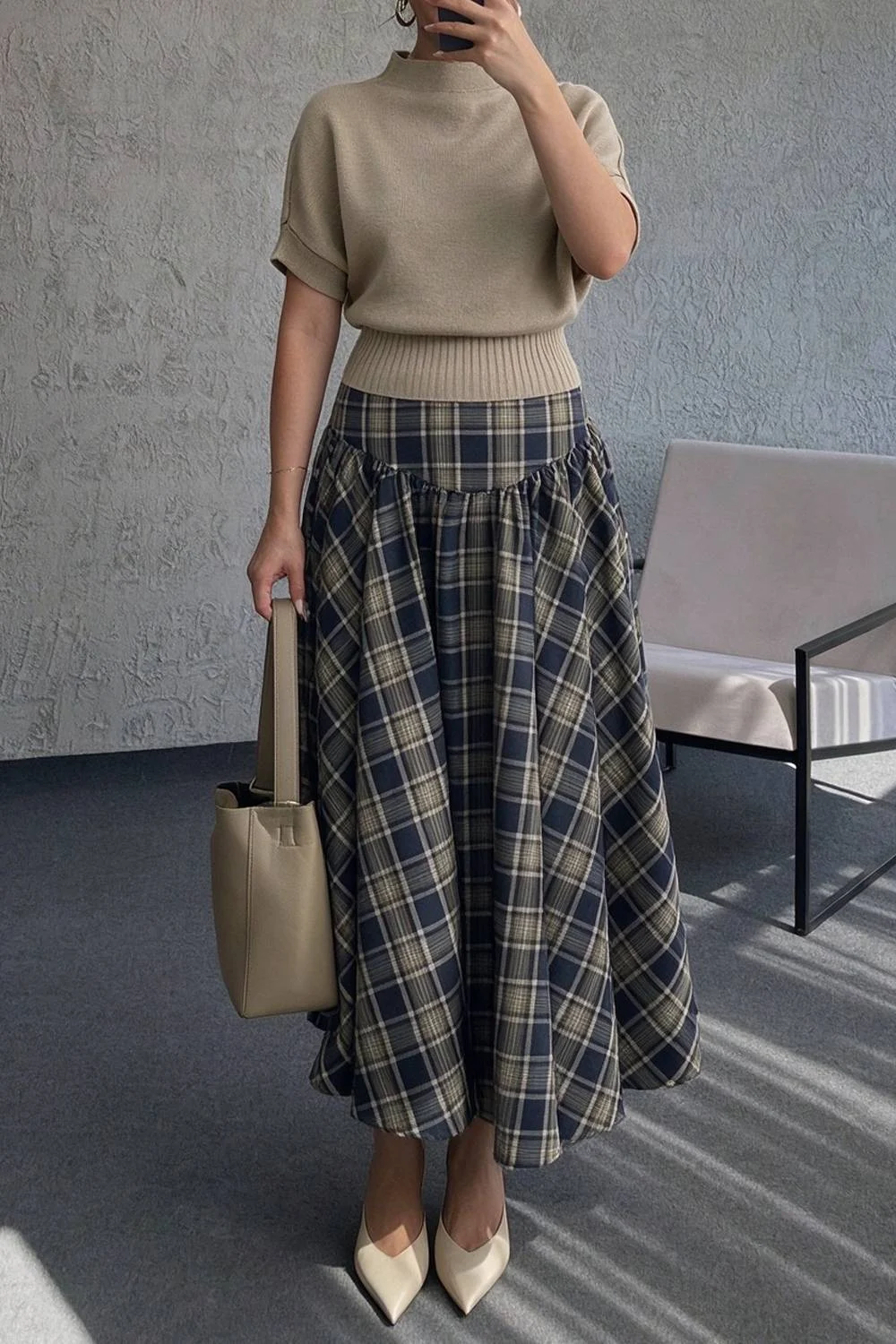 Short Sleeve Mock Neck Knit Top and High Waist Plaid Flared Skirt Two Piece Set