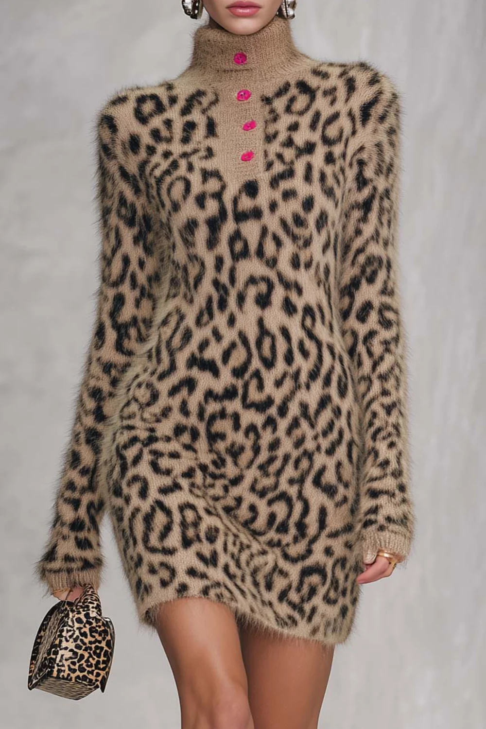 Leopard Print Fuzzy Knit Turtleneck Long Sleeve Mini Sweater Dress