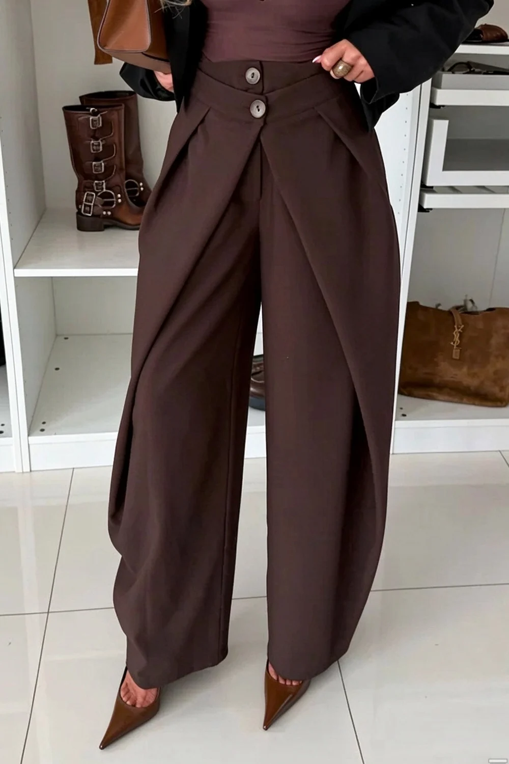 High-Waisted Asymmetric Double-Button Wide-Leg Trousers in Chocolate Brown