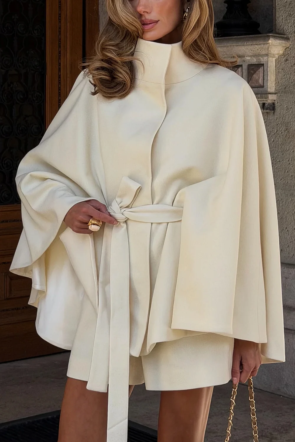 High Neck Belted Cape Coat and Shorts Two Piece Outfit Set