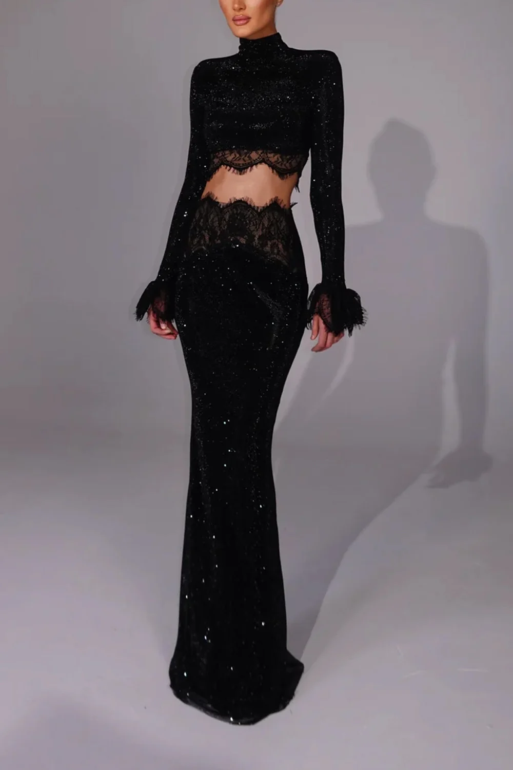 Black Sparkle Long Sleeve Crop Top and Maxi Skirt Two Piece Set