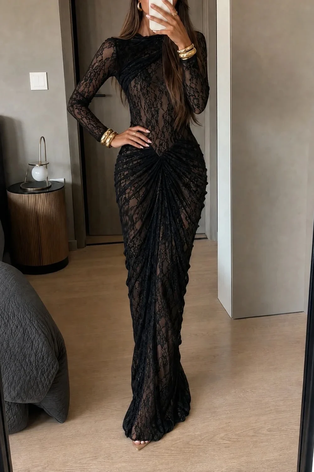 Black Lace Long Sleeve Mock Neck Ruched Draped Maxi Dress