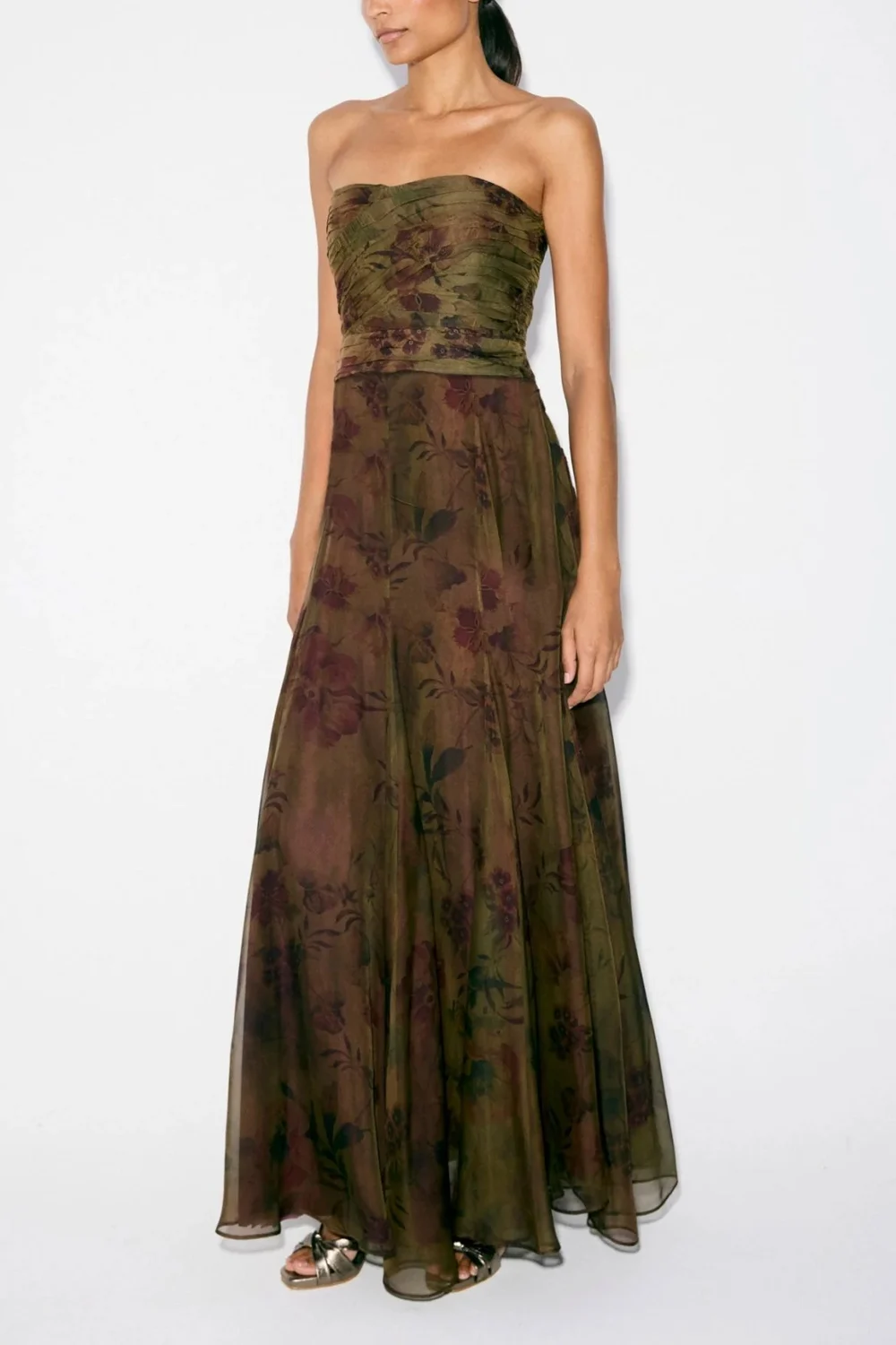 Strapless Ruched Crop Top and Flowing Maxi Skirt Floral Two Piece Set