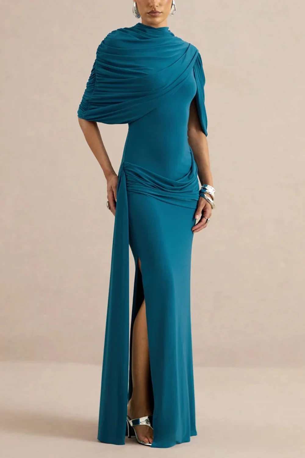 High Neck Draped Cape Asymmetric Ruched Maxi Dress with Slit [erp-image:b0b5ba7a34374e2a2fb135a3]