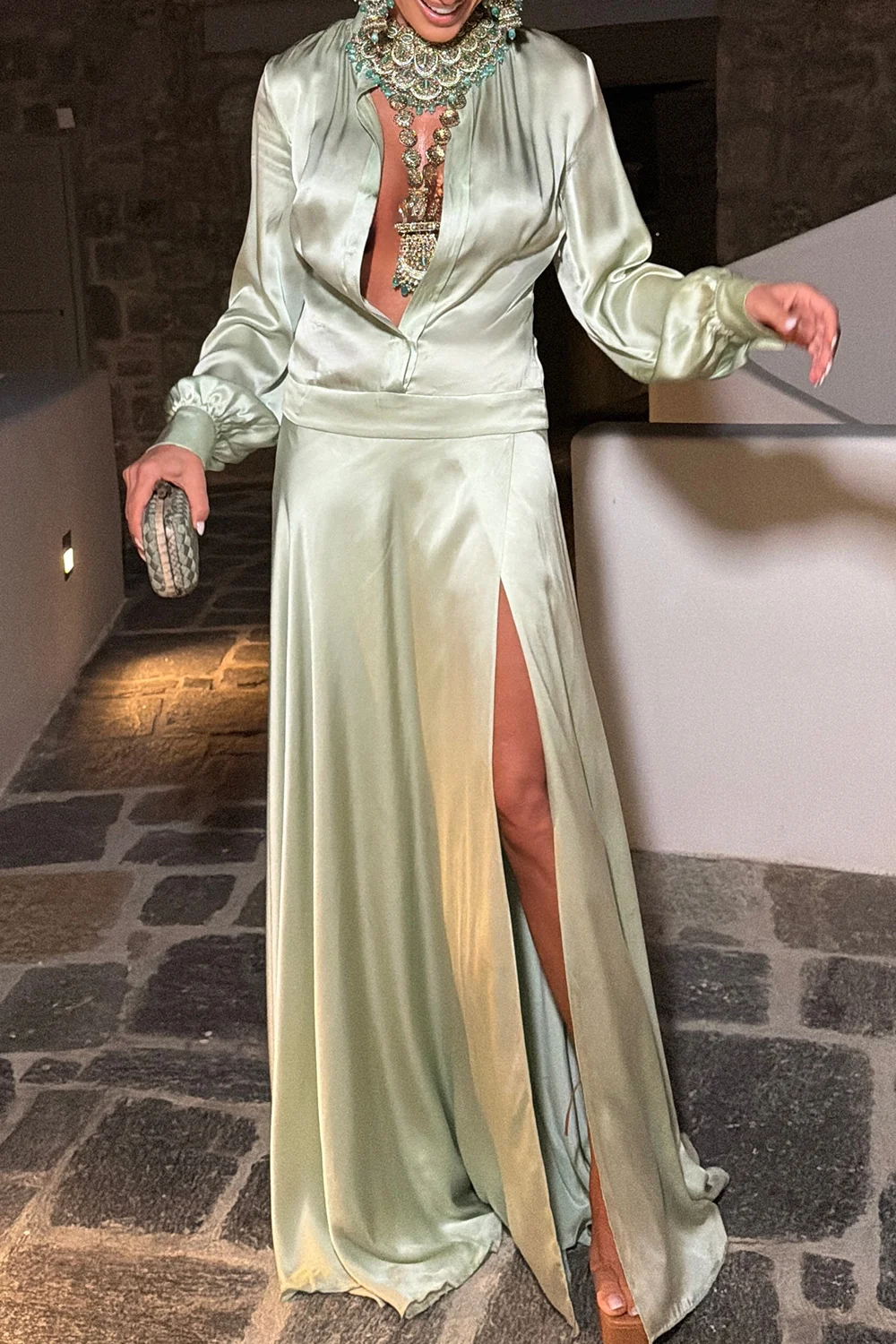 Sage Green Satin Plunge Neck Long Sleeve High Slit Maxi Evening Dress [erp-image:845a14cc4e2a6f7729cf4530]