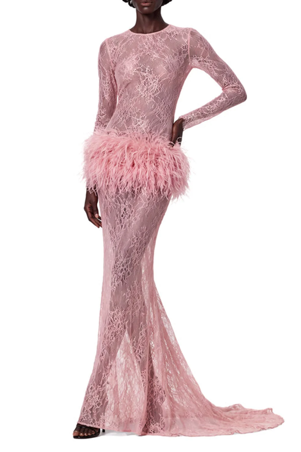 Pink Lace Long Sleeve Feather Trim Maxi Evening Dress [erp-image:7e7315ebccf7ffcf730335c5]