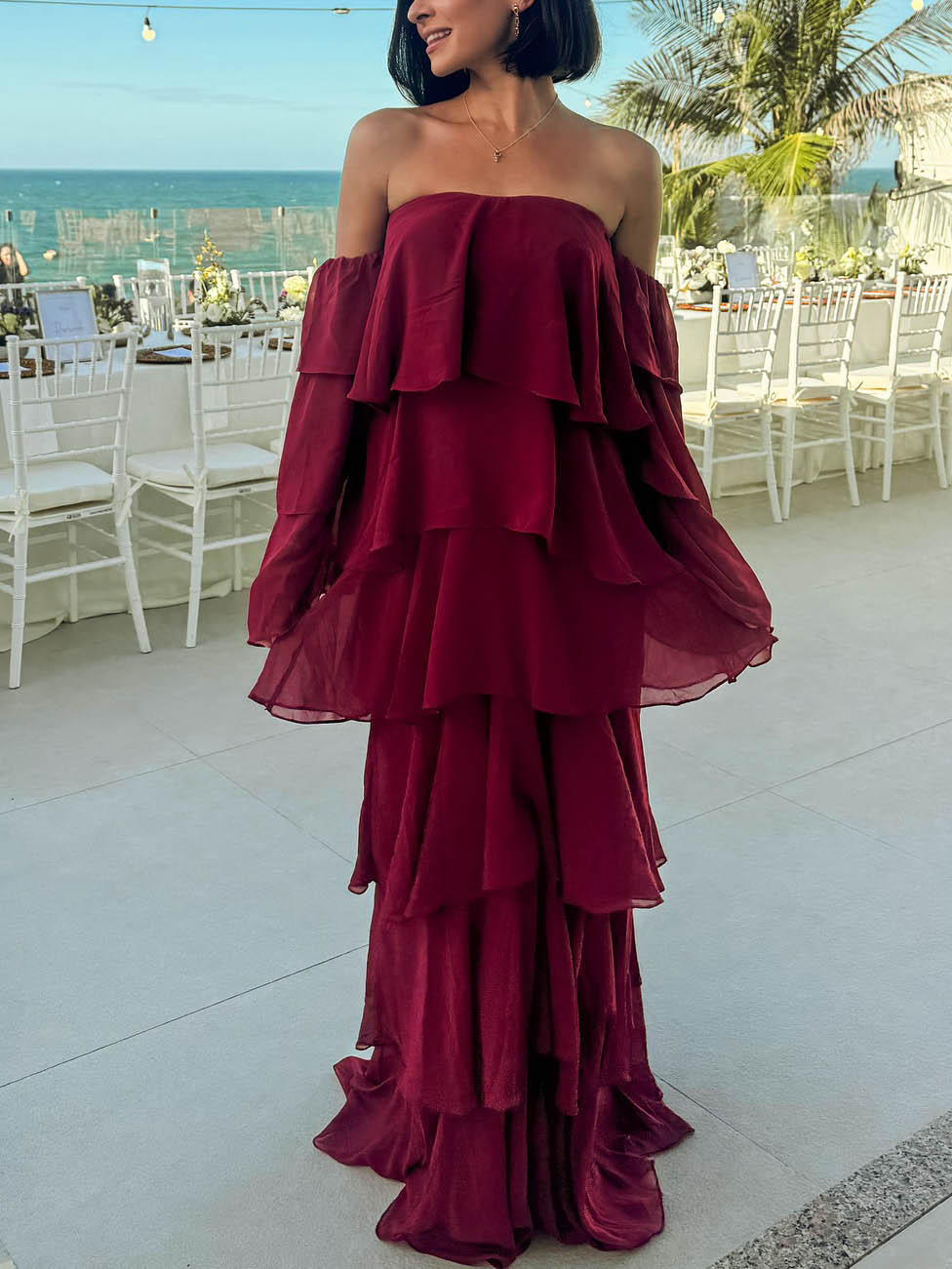 Elegant Off-Shoulder Layered Ruffle Maxi Dress