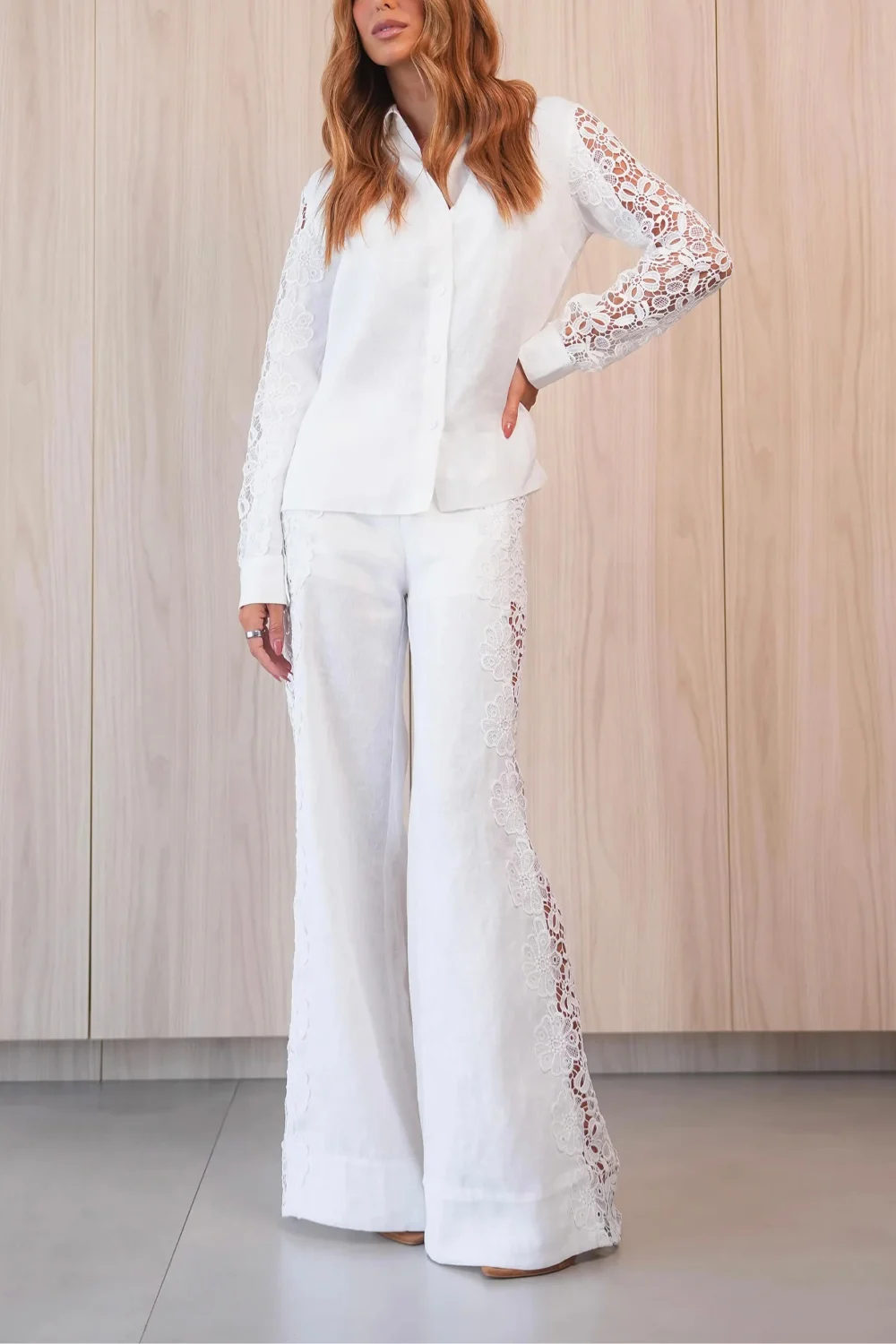 White Lace Panel Long Sleeve Shirt and Wide Leg Pants Two Piece Set [erp-image:3990ab01788fe8a9f8a46e0a]