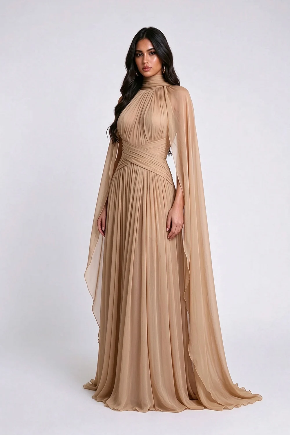 High Neck Pleated Cape Sleeve Chiffon Maxi Evening Dress [erp-image:7eefb08d1808e3277dfba2df]