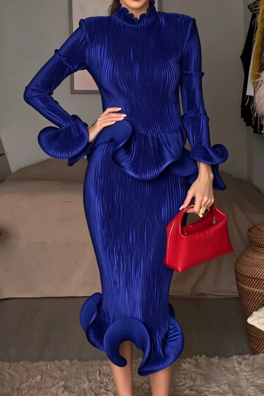 Royal Blue Pleated Peplum Top and Ruffled Midi Skirt Two-Piece Set [erp-image:a51241f7594fbece179aaeac]
