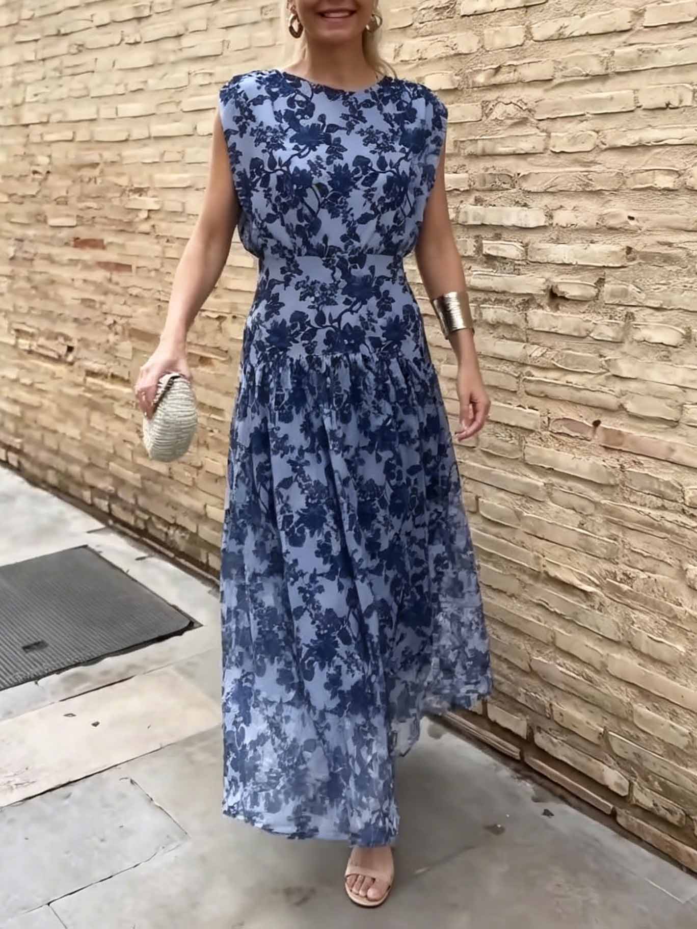Elegant Floral Mesh Print Pleated Maxi Dress