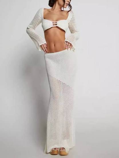 Knitted Long-sleeved Top Hip-hugging Long Skirt Suit