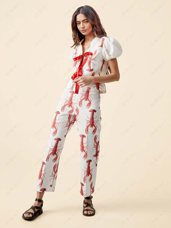 Fun Lobster Print Loose Button Elastic Waist Shorts Set main image 1