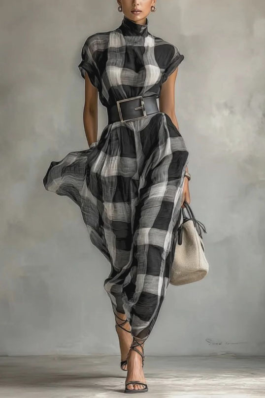 Checked Pattern Stand-Collar Short-Sleeved Dress