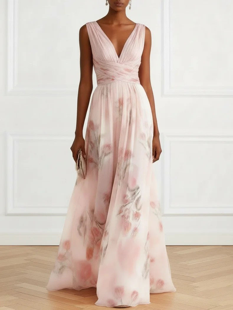 Elegant V-Neck Floral Print Tulle Maxi Dress