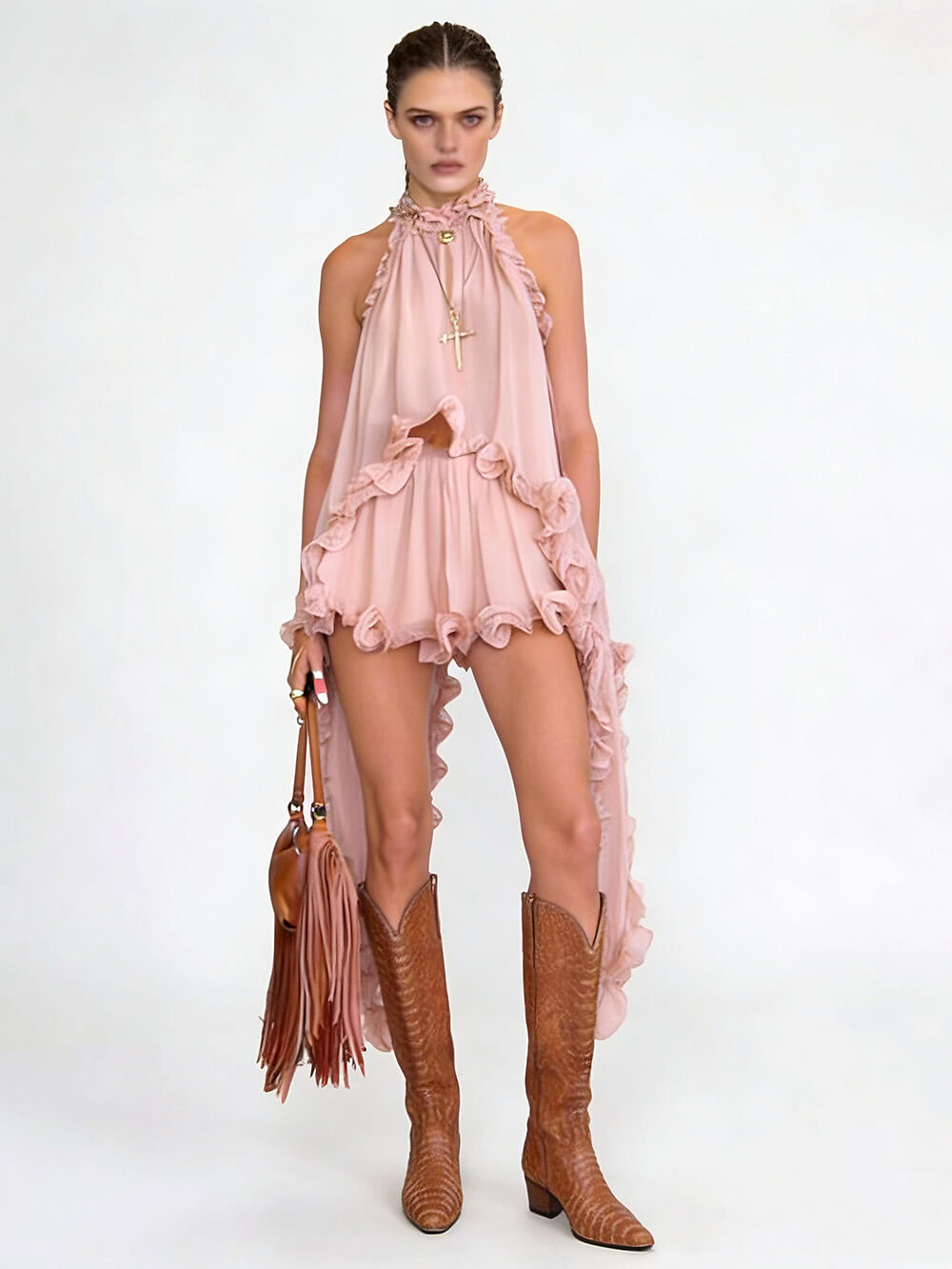 Exquisite Chiffon Ruffle Backless Asymmetric Top & Elastic Waist Relaxed Shorts Set