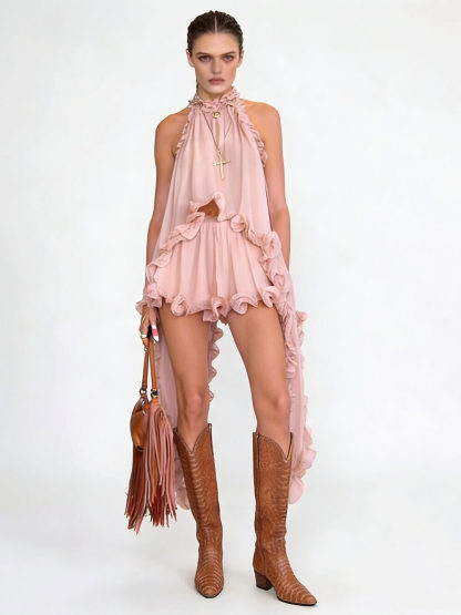 Exquisite Chiffon Ruffle Backless Asymmetric Top & Elastic Waist Relaxed Shorts Set