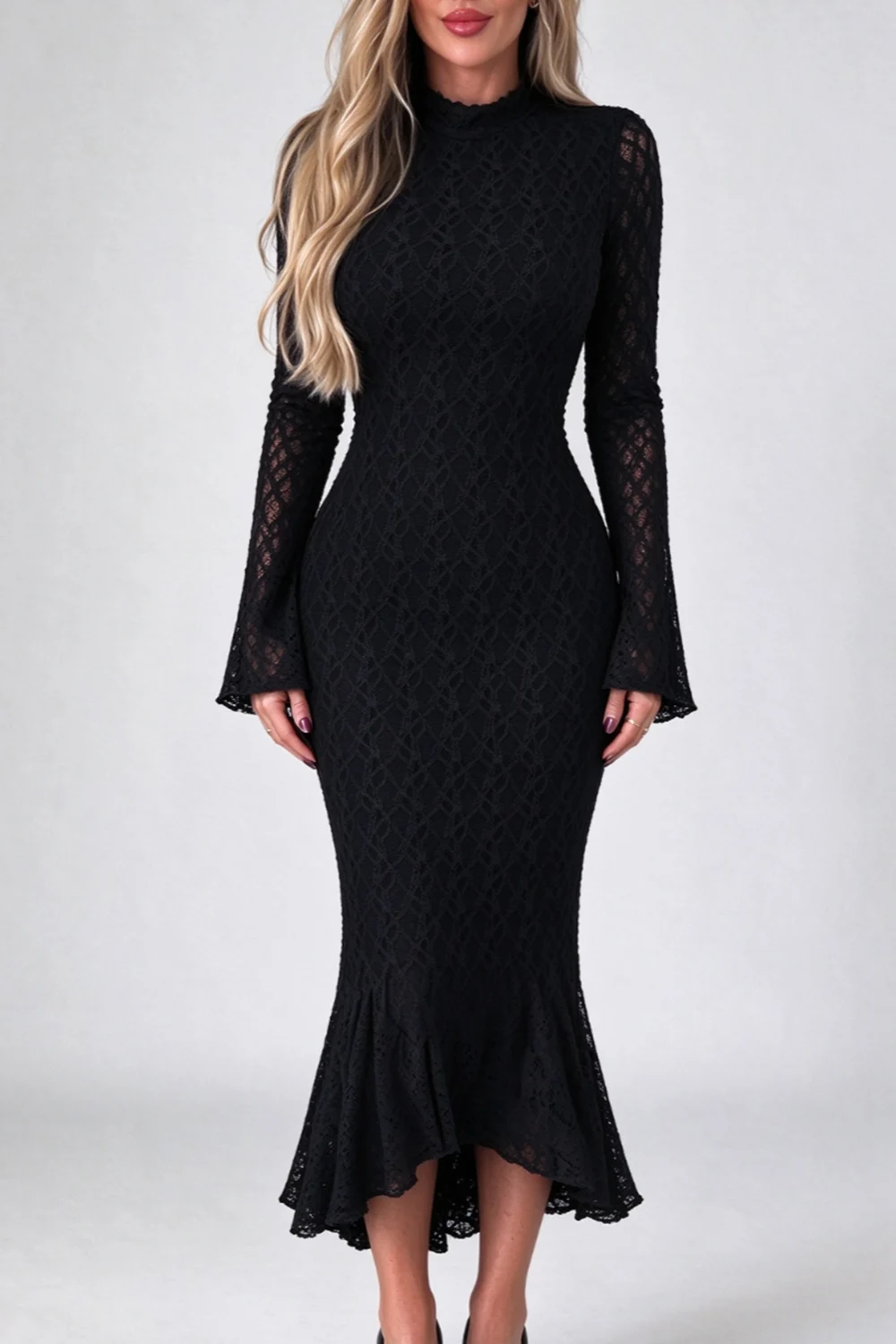 Brown Mock Neck Long Sleeve Lace Mermaid Midi Dress [erp-image:89753379c0e73bddd00cc1c8]