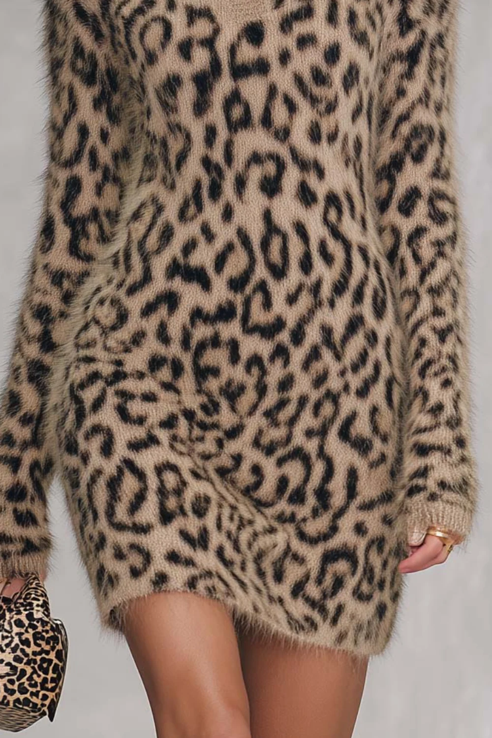 Leopard Print Fuzzy Knit Turtleneck Long Sleeve Mini Sweater Dress