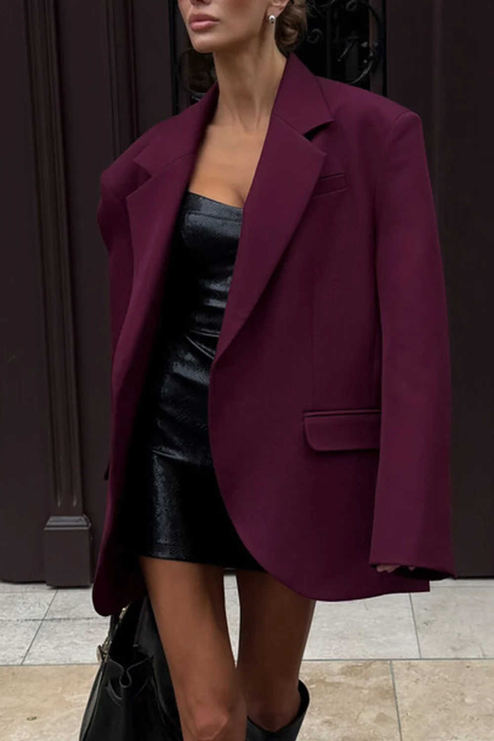 Women's Burgundy Oversized Single-Breasted Blazer with Notched Lapel