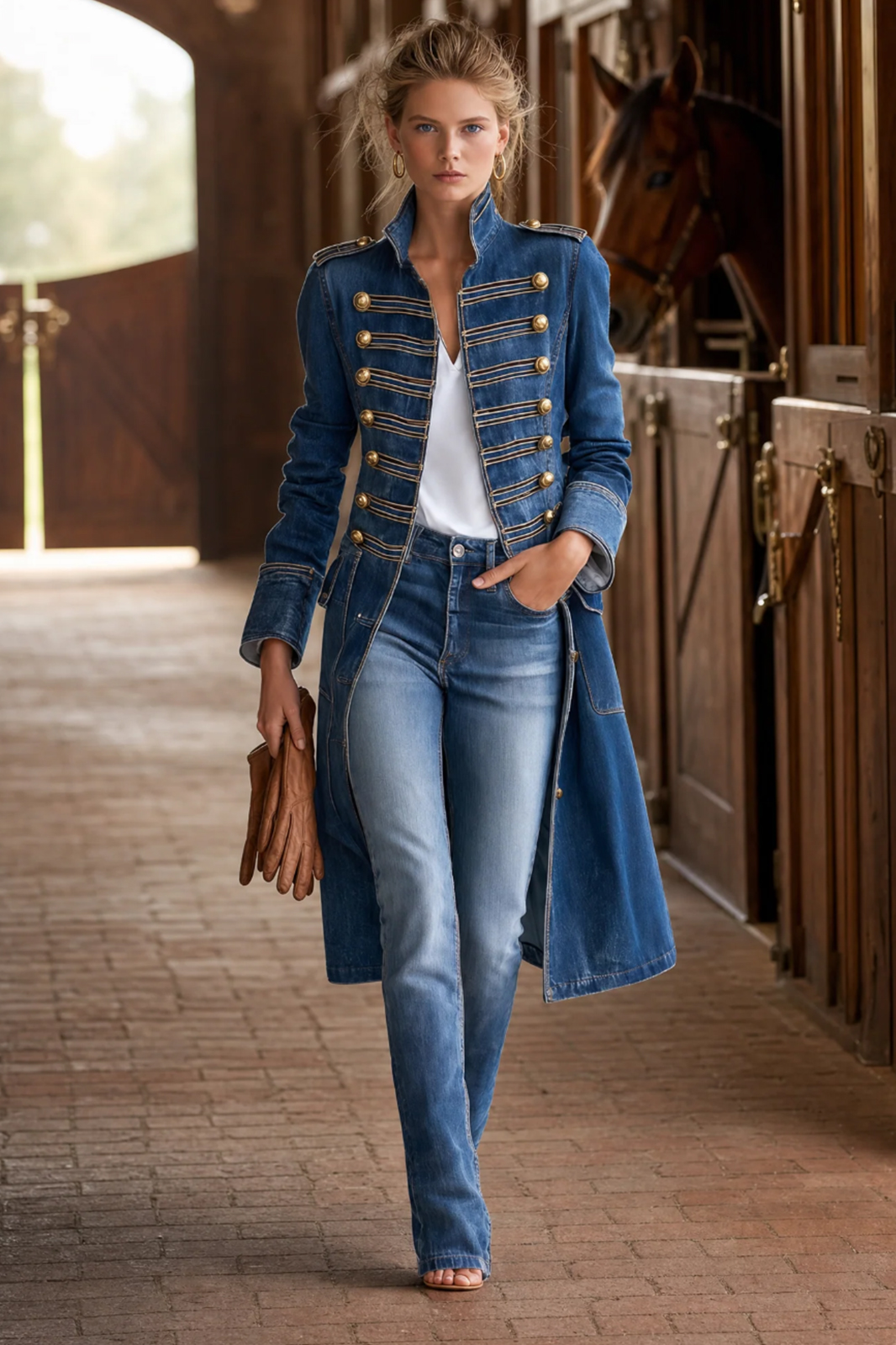 Vintage Washed Denim Military Officer Longline Gold Button Fitted Statement Coat Women