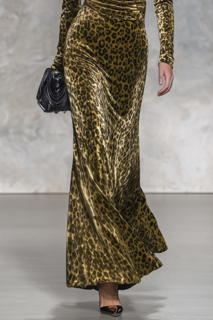 Vintage style Casual Elegant Long Velvet Leopard-print Skirt With Raw-edge Paneling