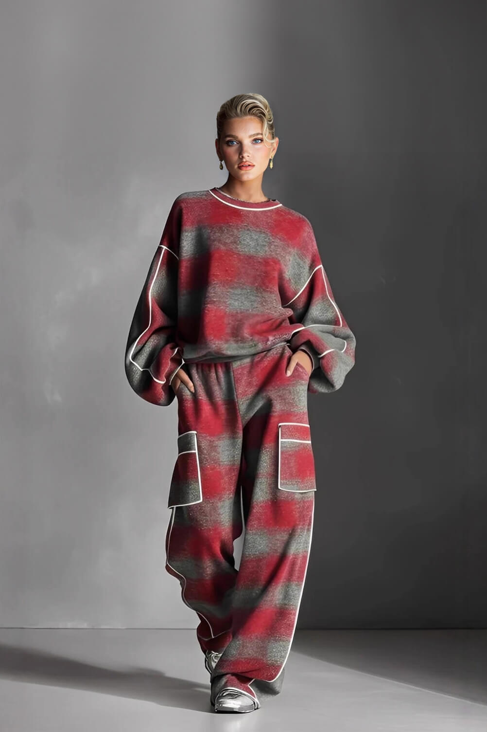 Fashion Street-Style Red And Gray Plaid Color-Block Wide-Leg Pants