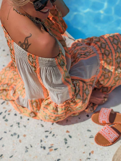 Linen Blend Ethnic Print Off Shoulder Loose Mini Dress