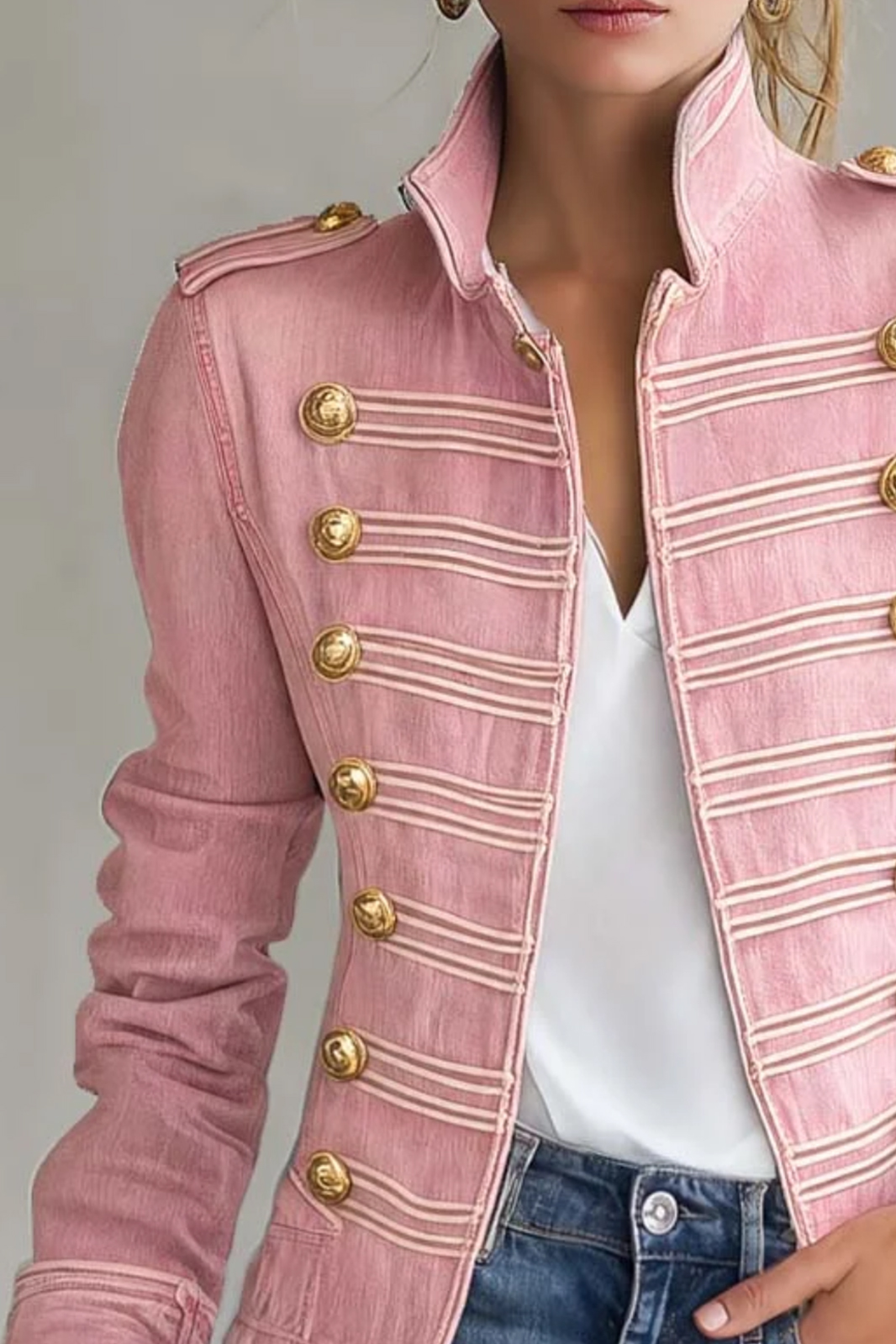 Vintage MilitaryDenim Band Jacket Women Gold Button Cropped Fall Coat